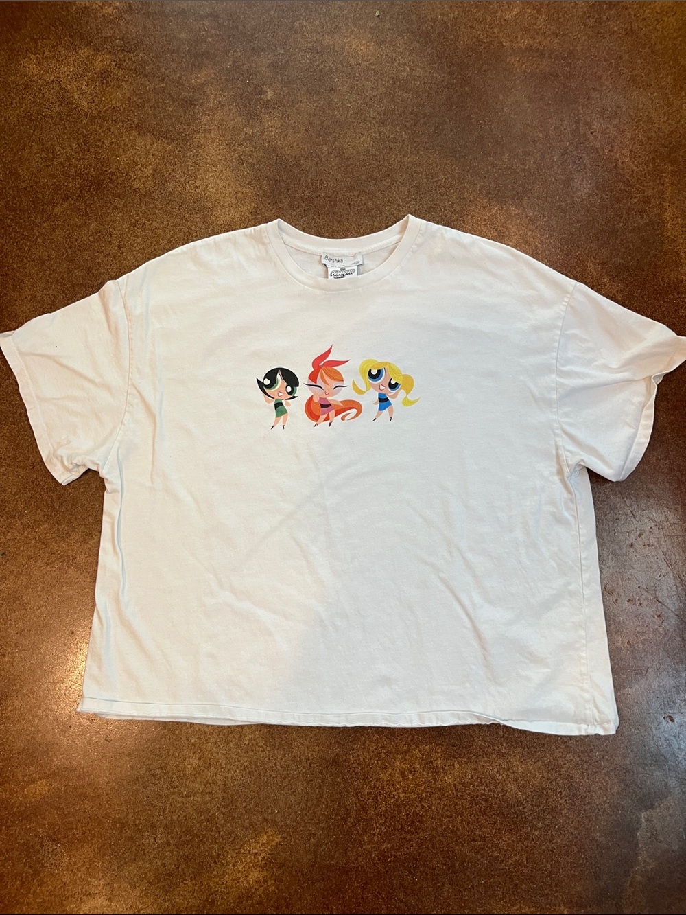 Bershka White PiwerPuff Girls Tee with Colorful Cartoon Trio